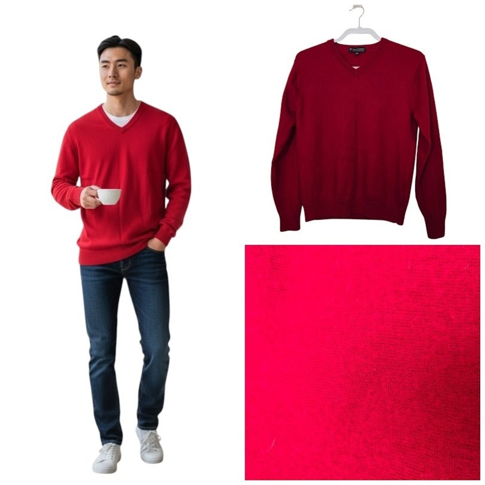 Hart Schaffner Marx Mens Red V-Neck Merino Wool Sweater‎ Size M